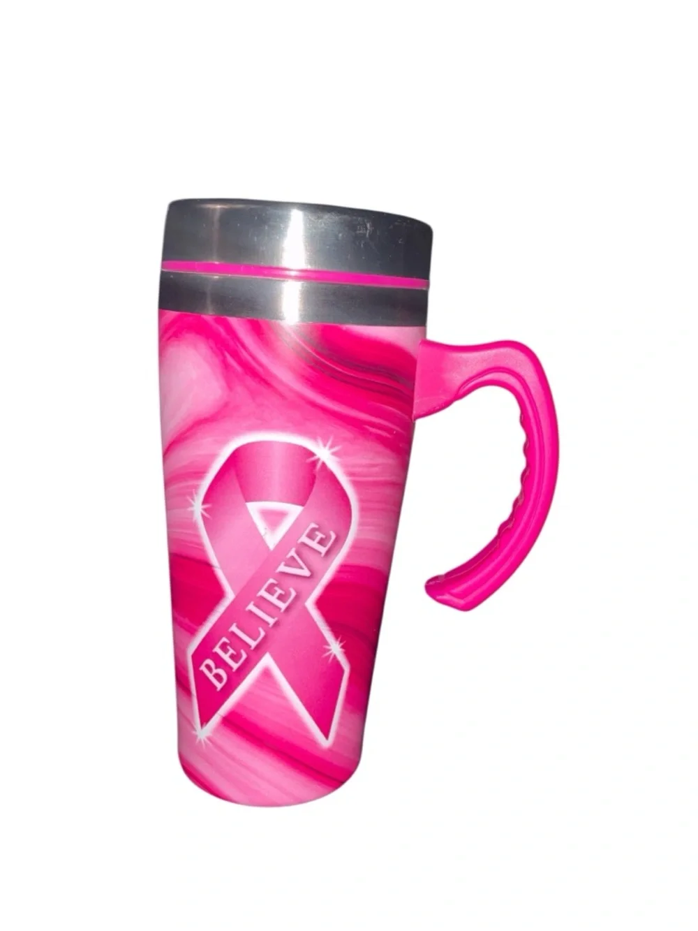 Pink Breast Cancer Awareness “Believe” Stainless Steel Travel Mug 16oz